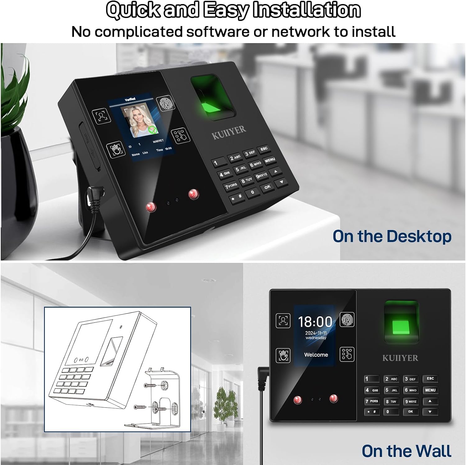 KUIIYER 4 in 1 Employees Time Clocks (Face   Fingerprint   Palm Print   PIN